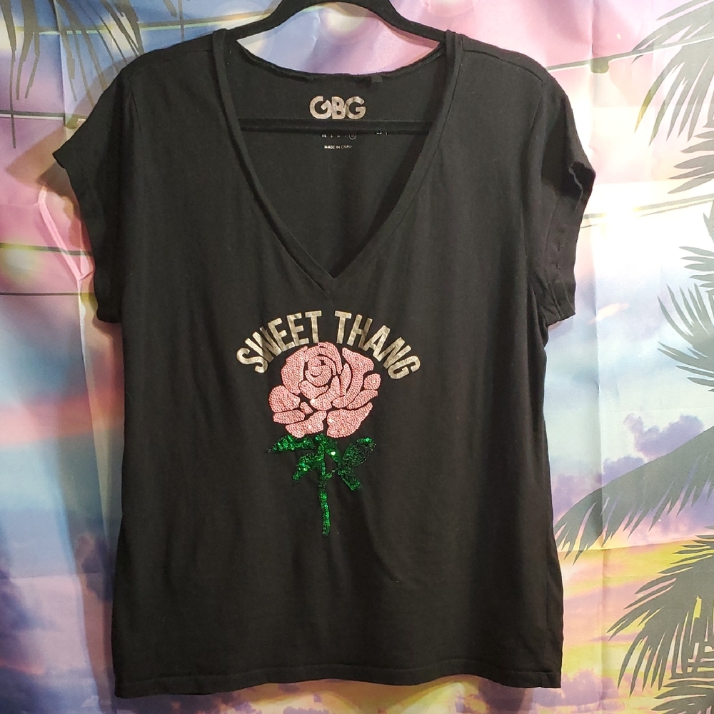 GBG Los Angeles Black Tee with Pink Rose